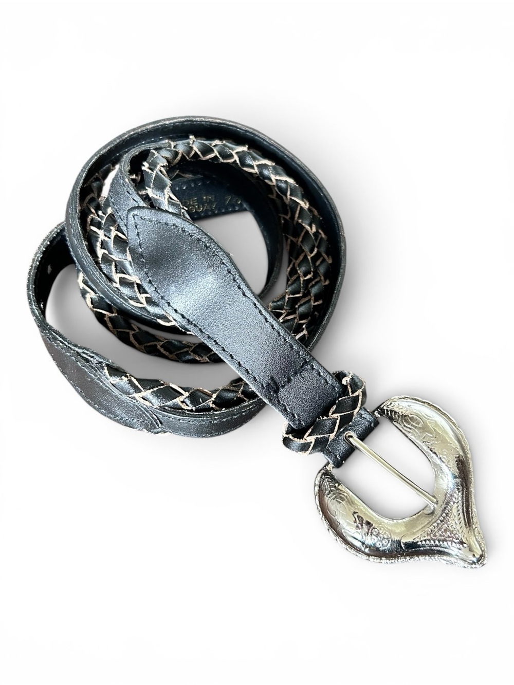 Vintage 90s Western Black Braided Leather Belt Ornate Silvertone Buckle Medium
